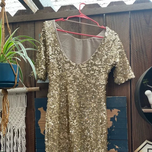 Dresses | Gold Sequin Midi Crew Neck Shortsleeved Mini Low Back Dress |  Poshmark